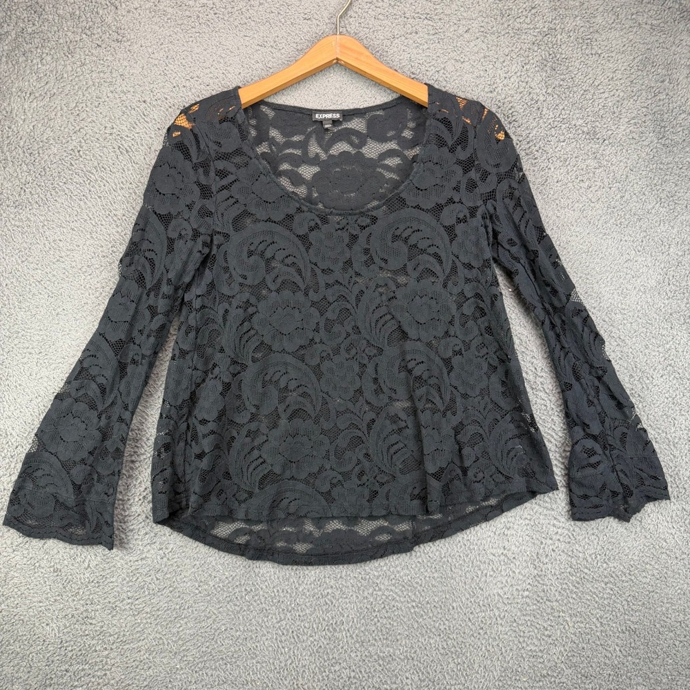 Express Womens Small Black Sheer Floral Lace Bell Scoop Emo Grunge Y2k Blouse